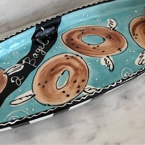 Joanne Delomba for Lotus Ceramic 3D "Have a Bagel" flying bagel Platter 17” X 9”